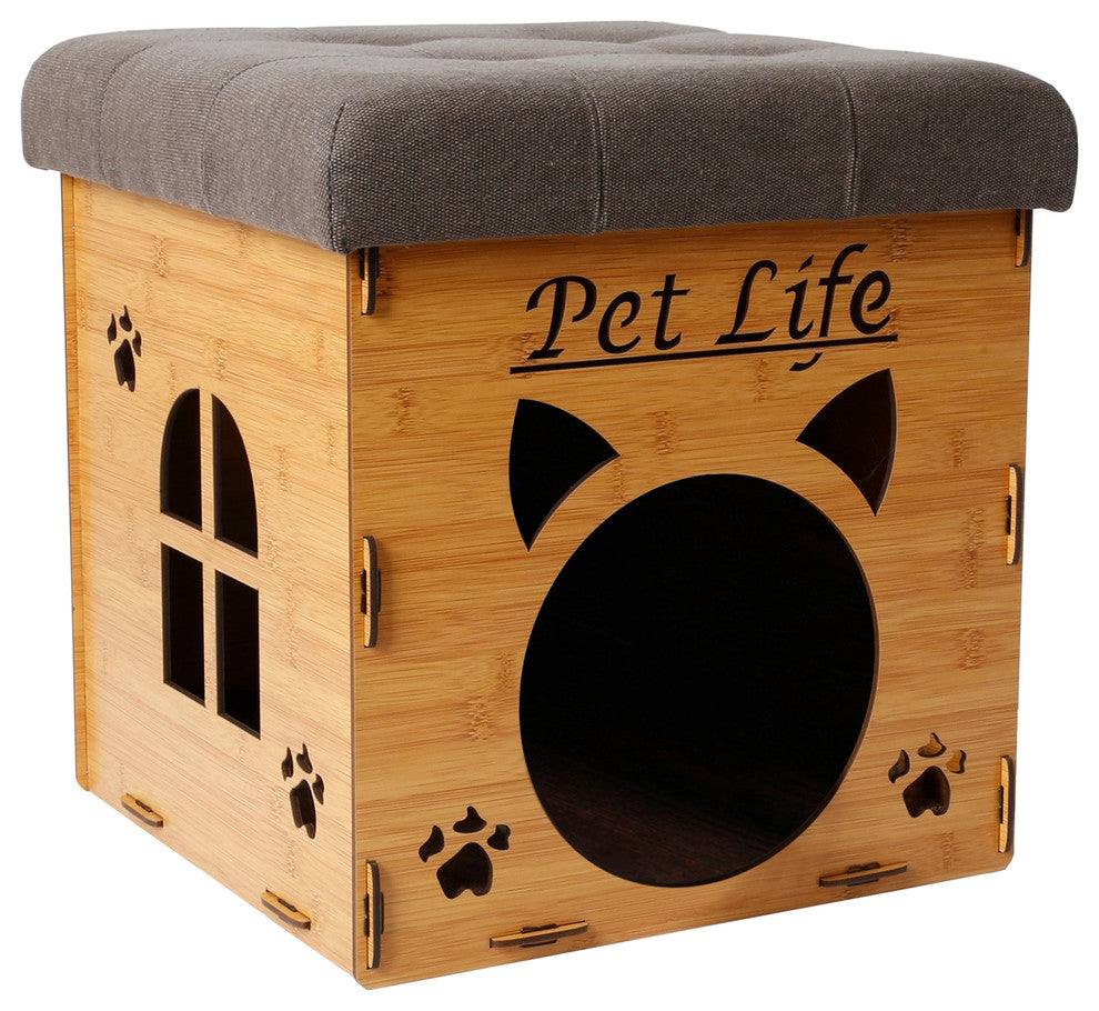 Foldaway Collapsible Designer Cat House Furniture Bench, Light Wood