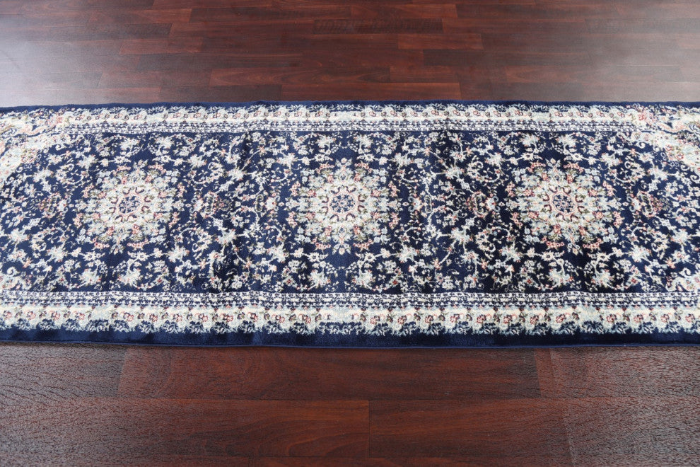 Navy Blue Floral Medallion Transitional Turkish Rug Oriental Carpet 3x8