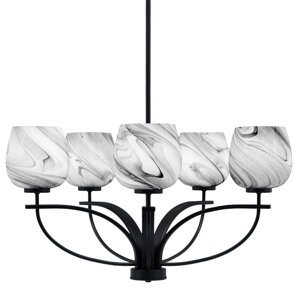 Cavella 5 Light Chandelier In Matte Black Finish, 6" Onyx Swirl Glass