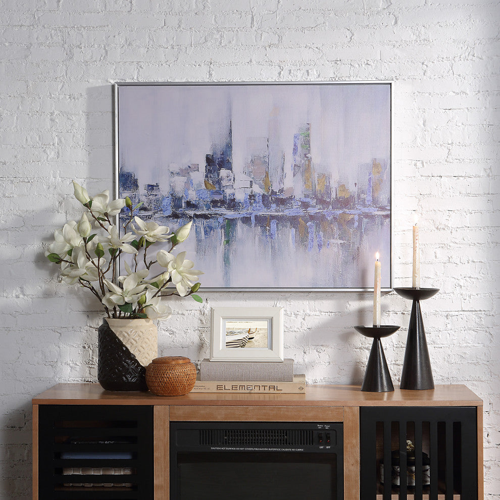 Cityscape Abstract Wall Art 24x32 With Silver Frame, Teal