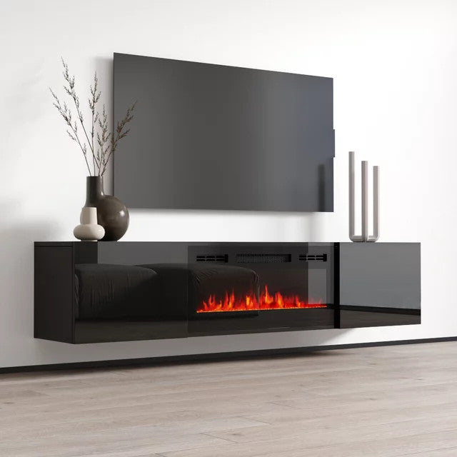 Modern Floating Fireplace Entertainment Center, High Gloss Finish, Black