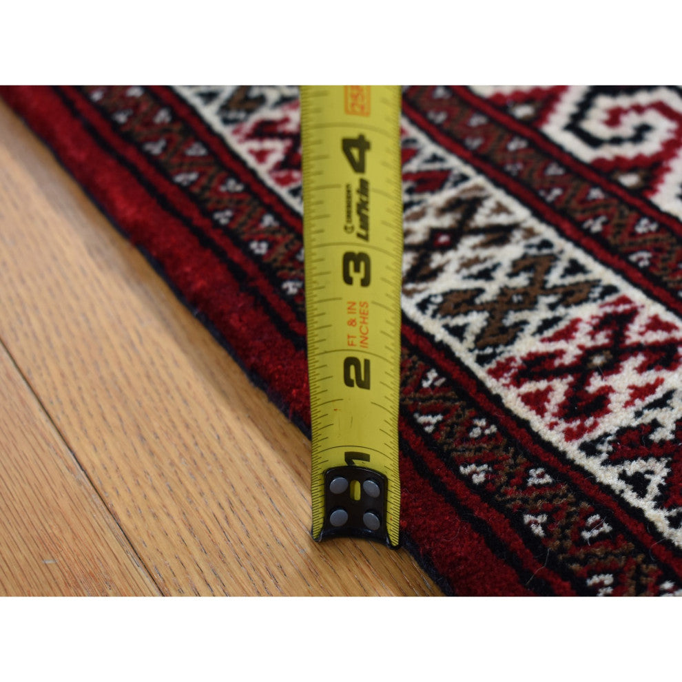 Maroon Red Turkoman Repetitive Design Pure Wool Hand Knotted Rug 3'2" x 4'1"