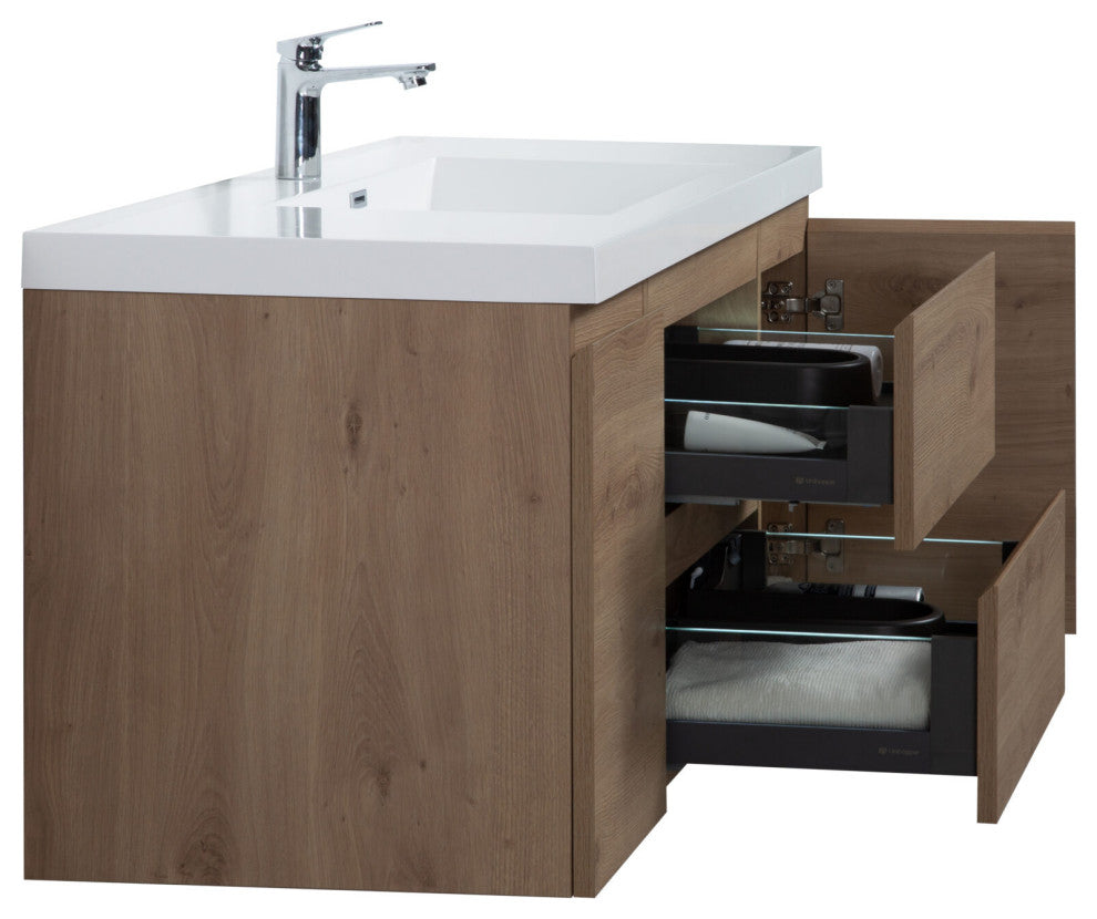 Aurora Wall Mount Vanity, White Acrylic Top, Sonoma Oak, 48"