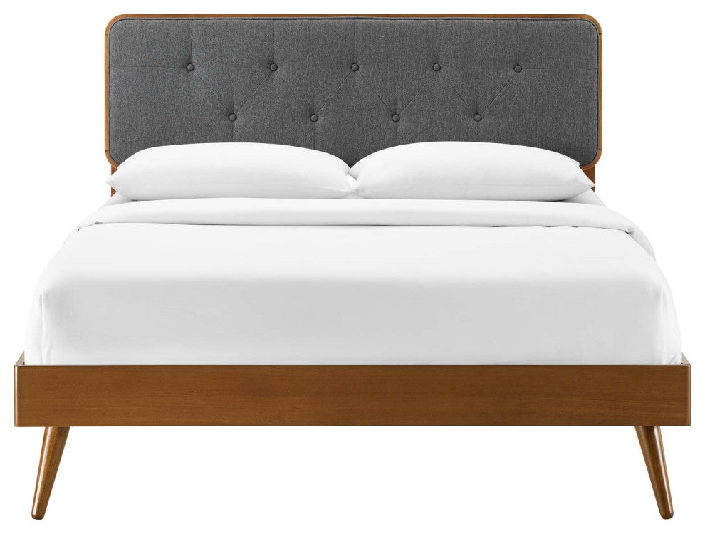 Platform Bed Frame, Queen Size, Fabric, Wood, Brown Walnut Gray, Modern
