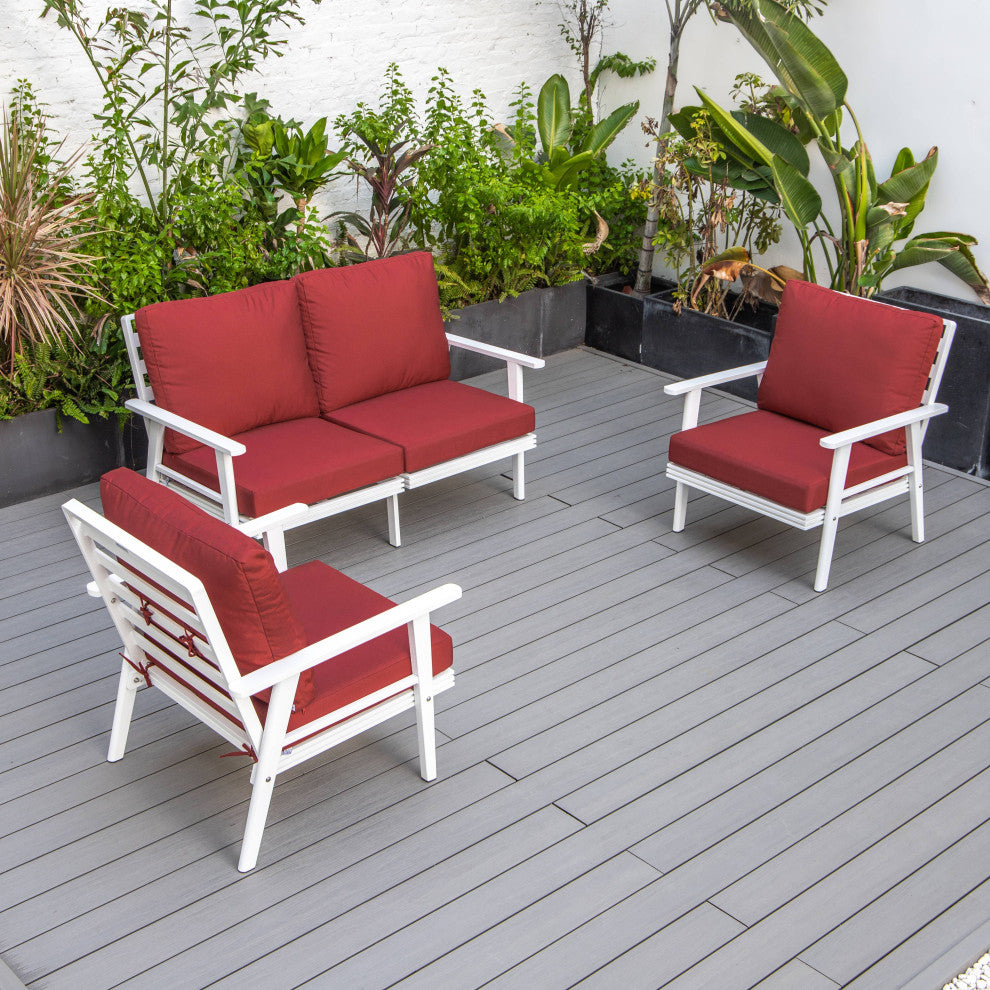 LeisureMod Walbrooke 3-Piece Patio Set With White Aluminum Frame and Cushions, Red