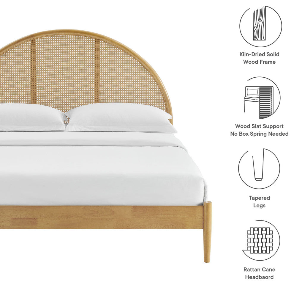 Odette Queen Arched Rattan Cane Platform Bed, Oak