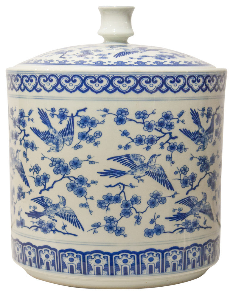 Bird Covered Jar, Blue and White
