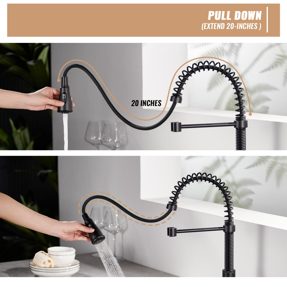 Single Handle Kitchen Faucet Pull-Down Sprayer, 360 Swivel, Three Functions, Matte Black