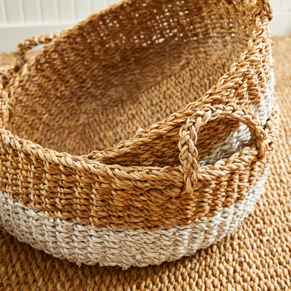 Seagrass Shallow Baskets With Handles, Natural and White, Set of 3