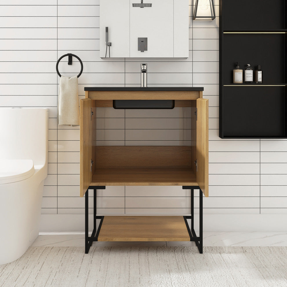 24" Freestanding Bath Vanity, Black Quartz Top, Oak