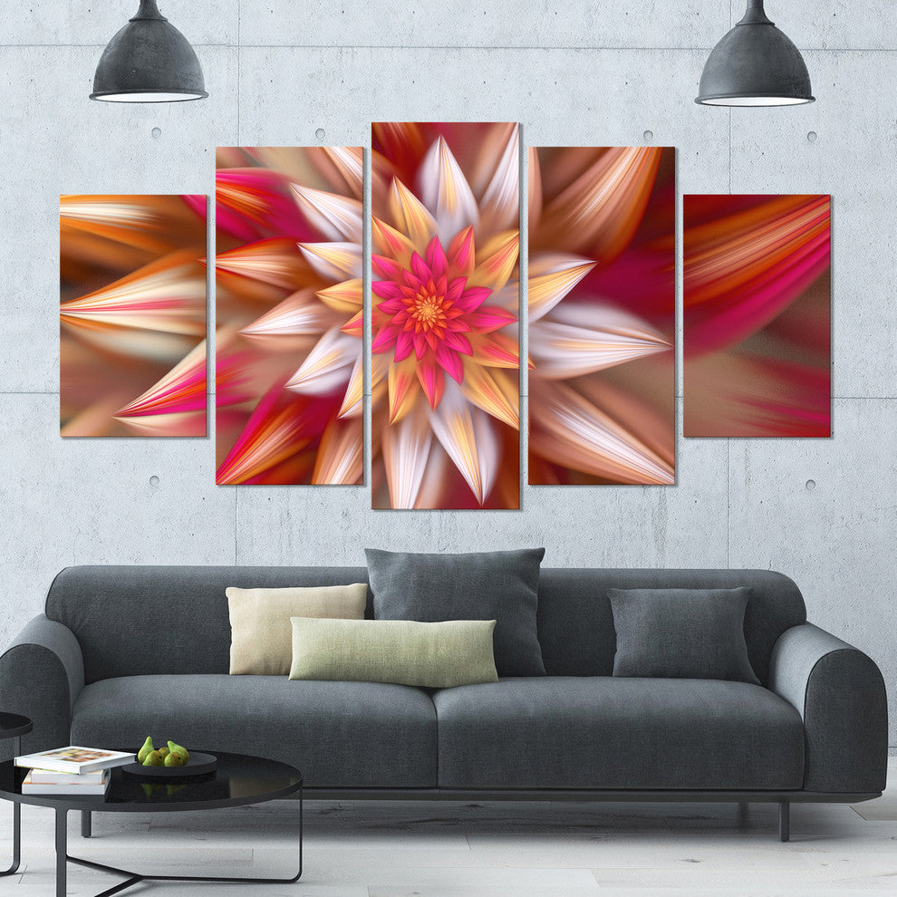 Huge Red Fractal Flower, Large Floral Canvas Art Print, 60"x32", 5 Panels