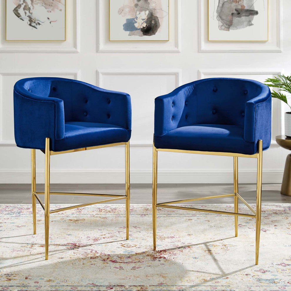 Tufted Bar Stool Chair Barstool, Set of 2, Velvet, Blue Navy, Pub Cafe Bistro