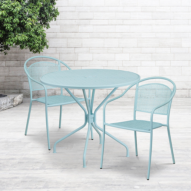 35.25'' Round Indoor-Outdoor Steel Patio Table and 2 Round Back Chairs, Blue