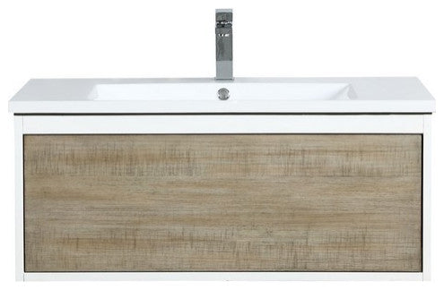 Scopi Modern 36" Rustic Acacia Bathroom Vanity, Labaro Rose Gold Faucet