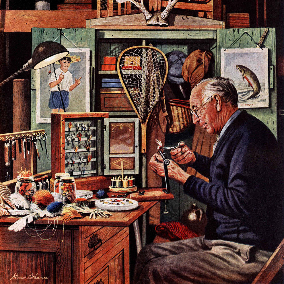 "Tying Flies" Painting Print on Canvas by Stevan Dohanos