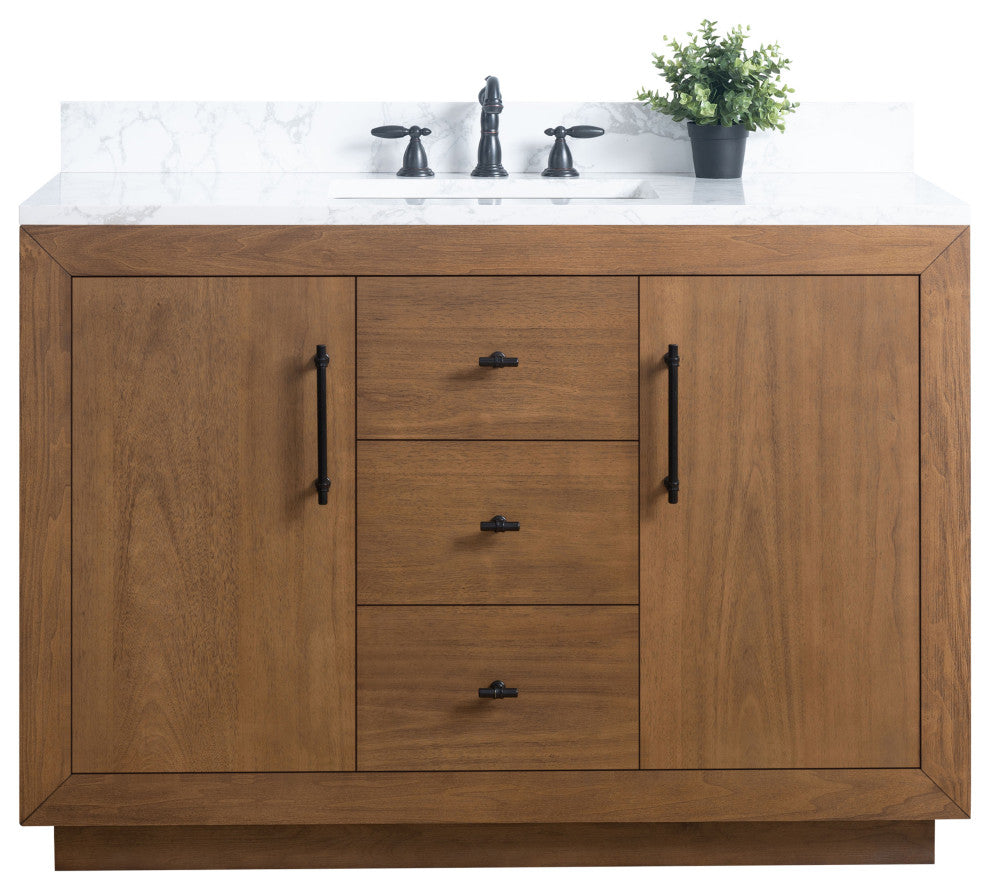 Vanity Art Bathroom Vanity With Sink, Tan, 48" Single, Arabescato White Engineered Marble Top