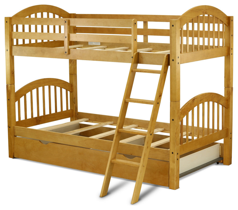 Verona Twin Bunk Bed In Natural Oak Finish With Convertible Trundle & Drawer