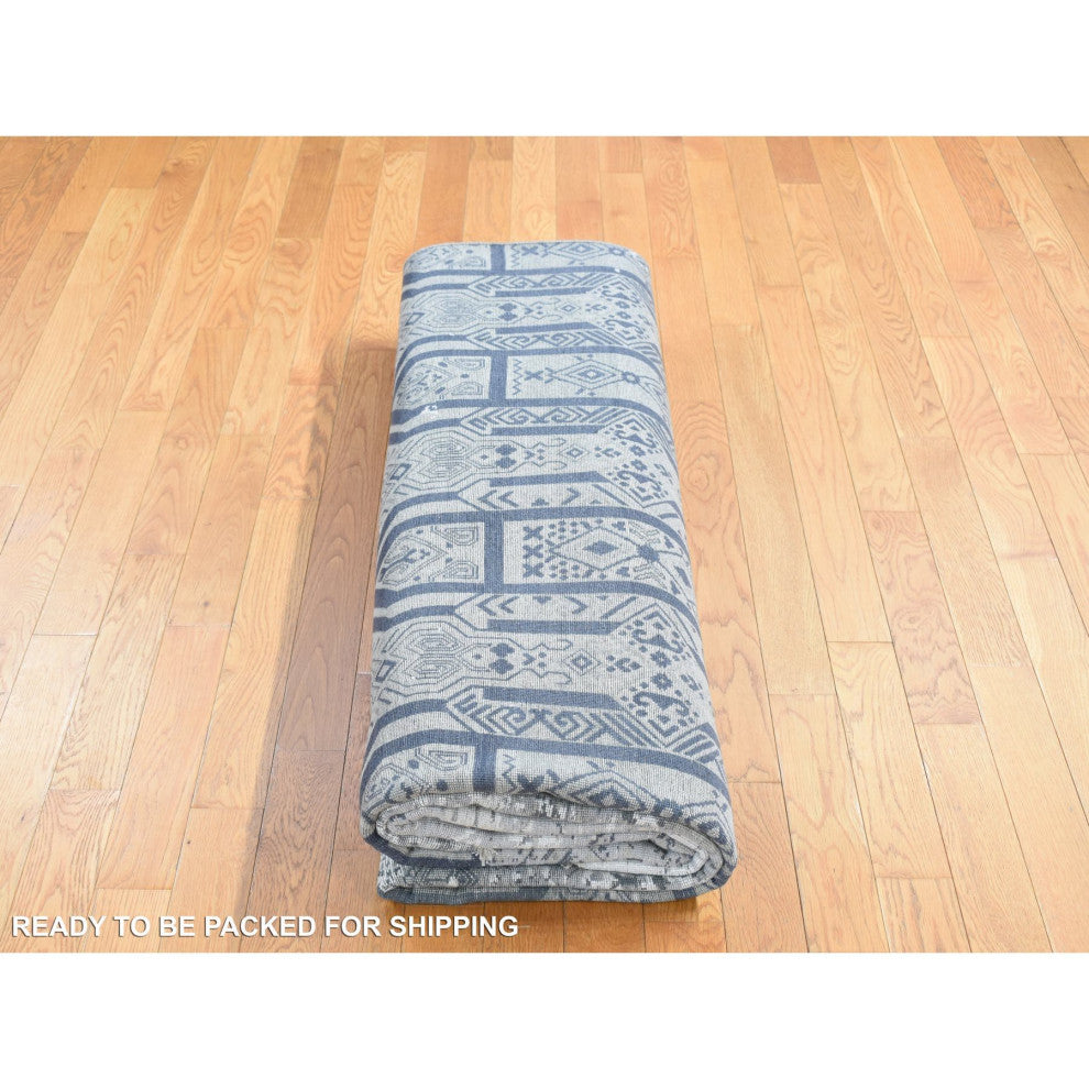 Gray, Broken and Erased Design, Art Wool and Silk Hand Knotted Rug, 8'x9'10"