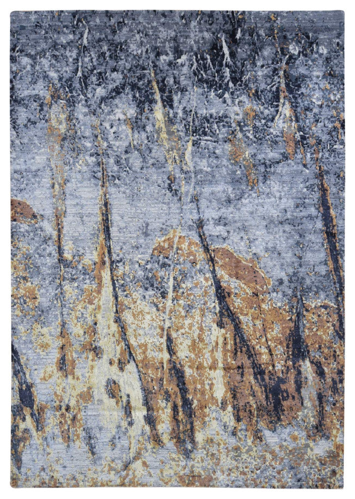 Sea Blue With Brown Fossil Design Wool and Silk Hand Knotted Rug, 10'x14'