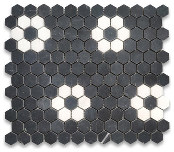 Nero Marquina Black Marble Rosette Hexagon Thassos White Flower Honed, 1 sheet