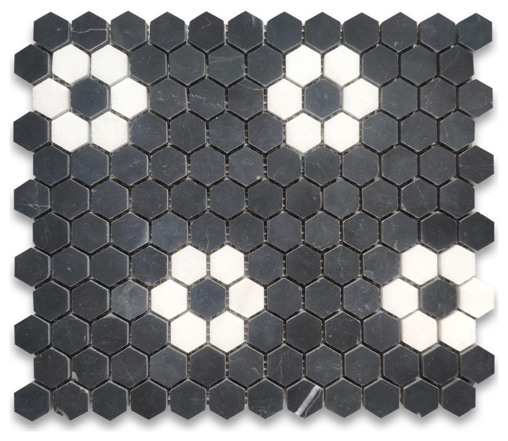Nero Marquina Black Marble Rosette Hexagon Thassos White Flower Honed, 1 sheet