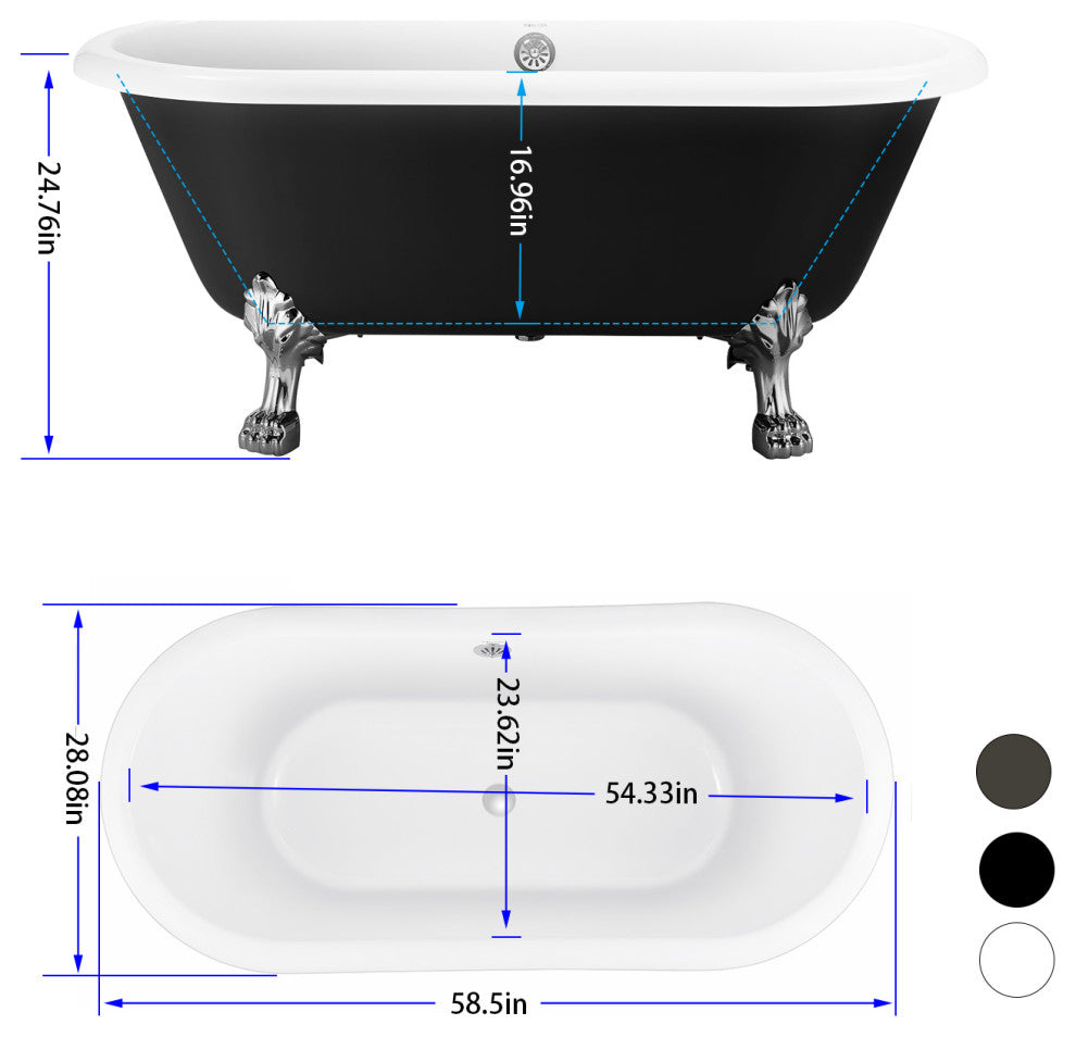 59" Acrylic Roll-Top Clawfoot Non-Whirlpool Bathtub, Black