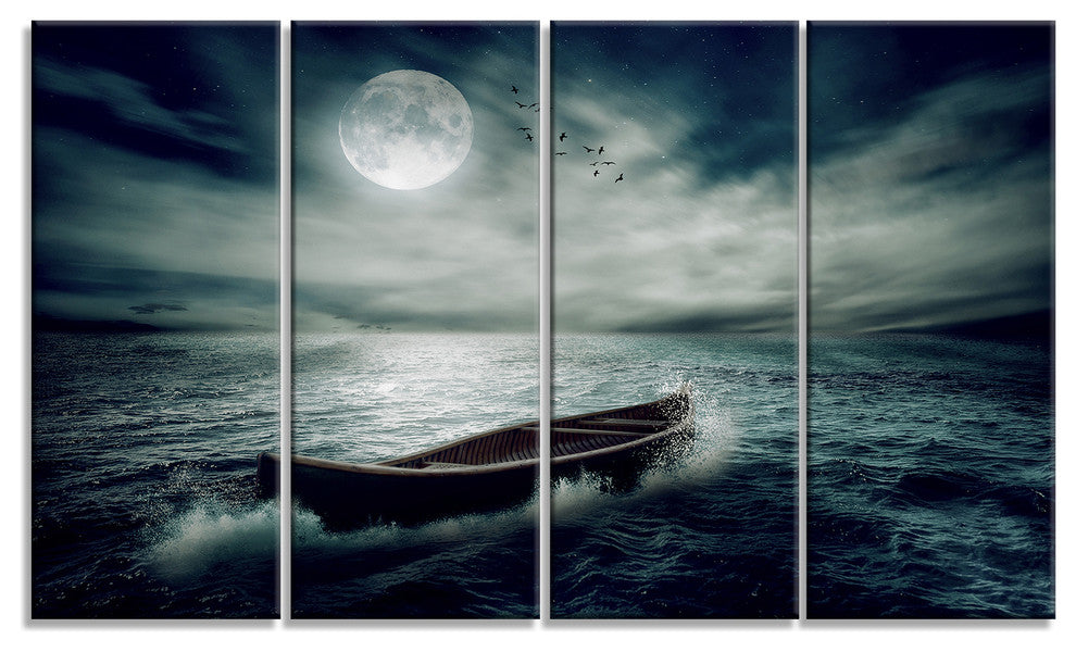 Boat Drifting Away After Storm, Seashore Canvas Print, 48"x28", 4 Panels