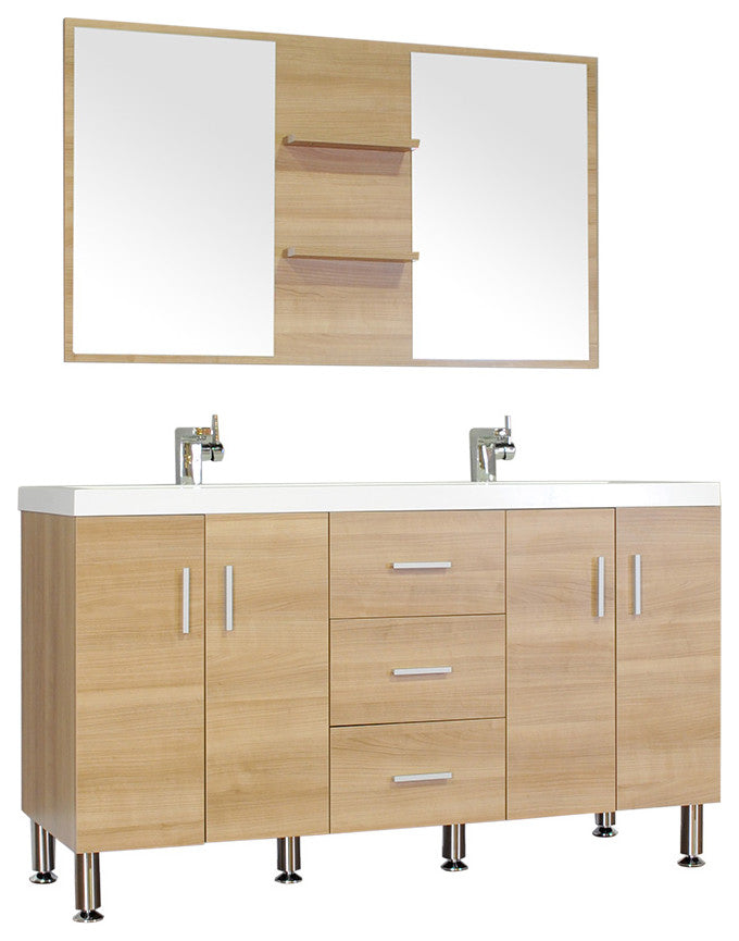 56 Inch Double Modern Bathroom Vanity Wavy Sink In Light Oak Without Mirror
