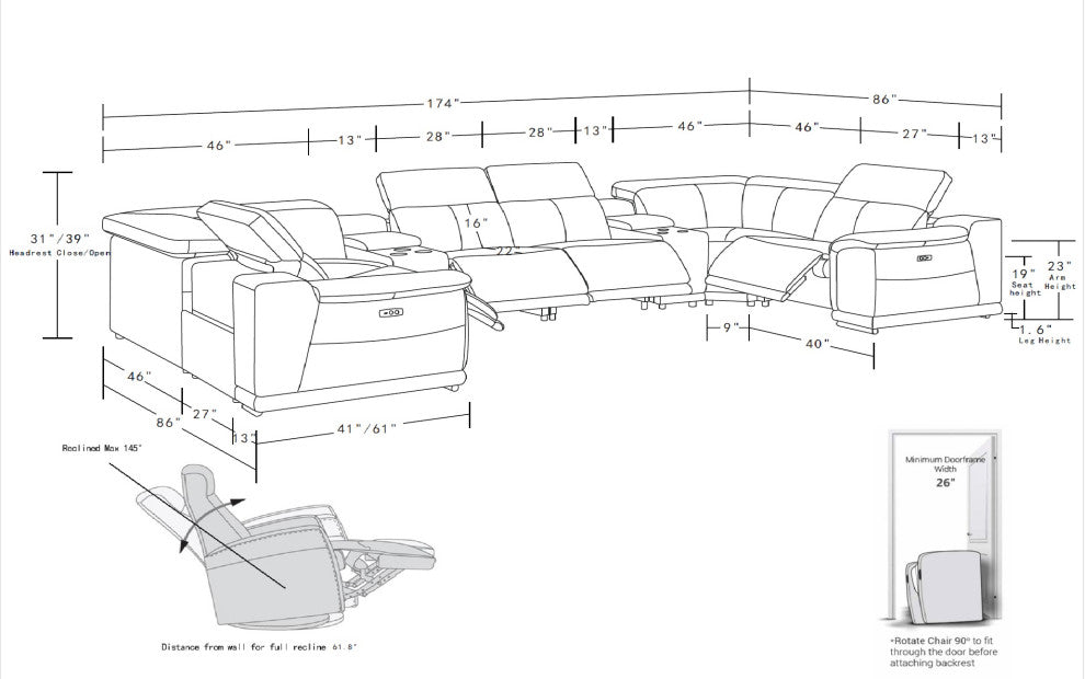 Federico 8-Piece Italian Leather U Sectional, 4 Power Recliners, Light Gray