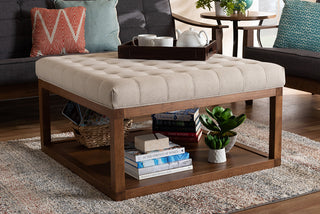 Henrik Beige Fabric Walnut Finished Cocktail Ottoman