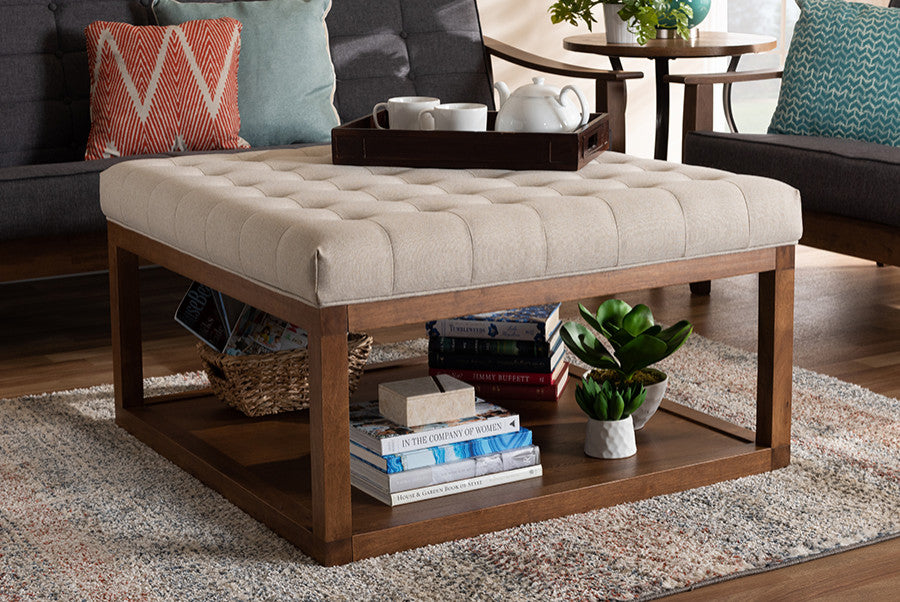 Henrik Beige Fabric Walnut Finished Cocktail Ottoman