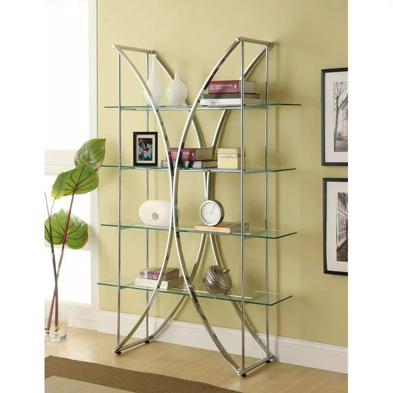 Elegant Bookcase, Chrome Metal Frame With Curved X-Accent & Clear Glass Shelves