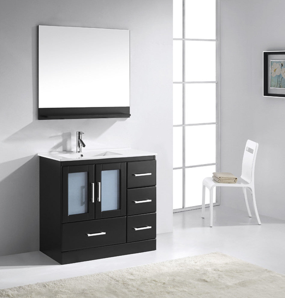 Virtu Zola 36" Single Bathroom Vanity, Espresso, Polished Chrome Faucet, Mirror