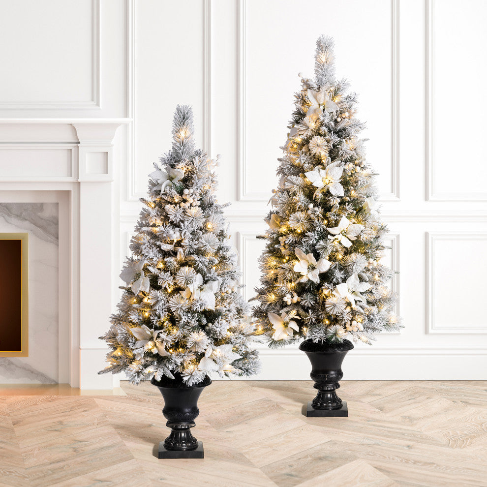 Set of Two Pre-Lit Pine Artificial Christmas Porch Tree, 5ft
