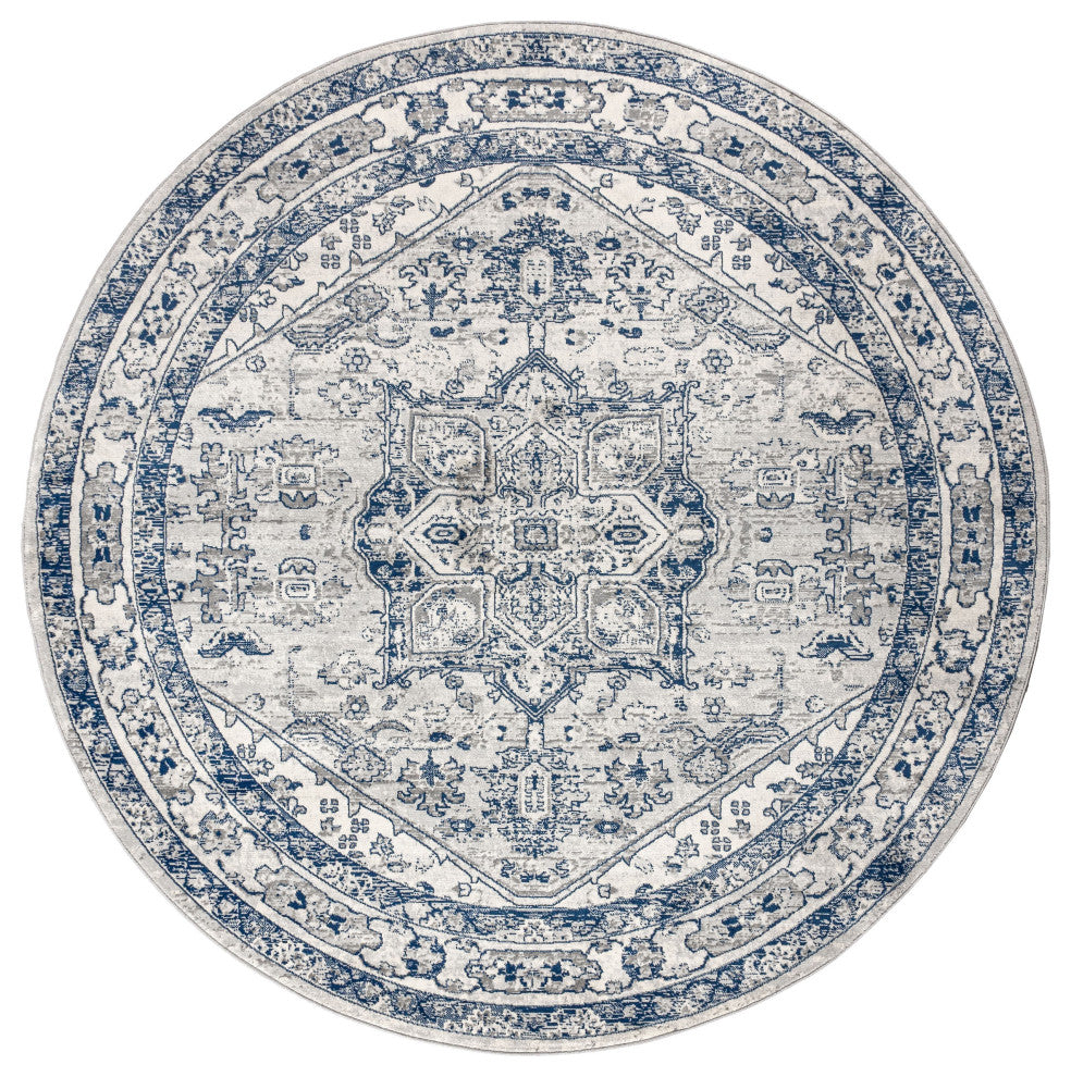 Modern Persian Vintage Medallion Area Rug, Grey, 9' Round