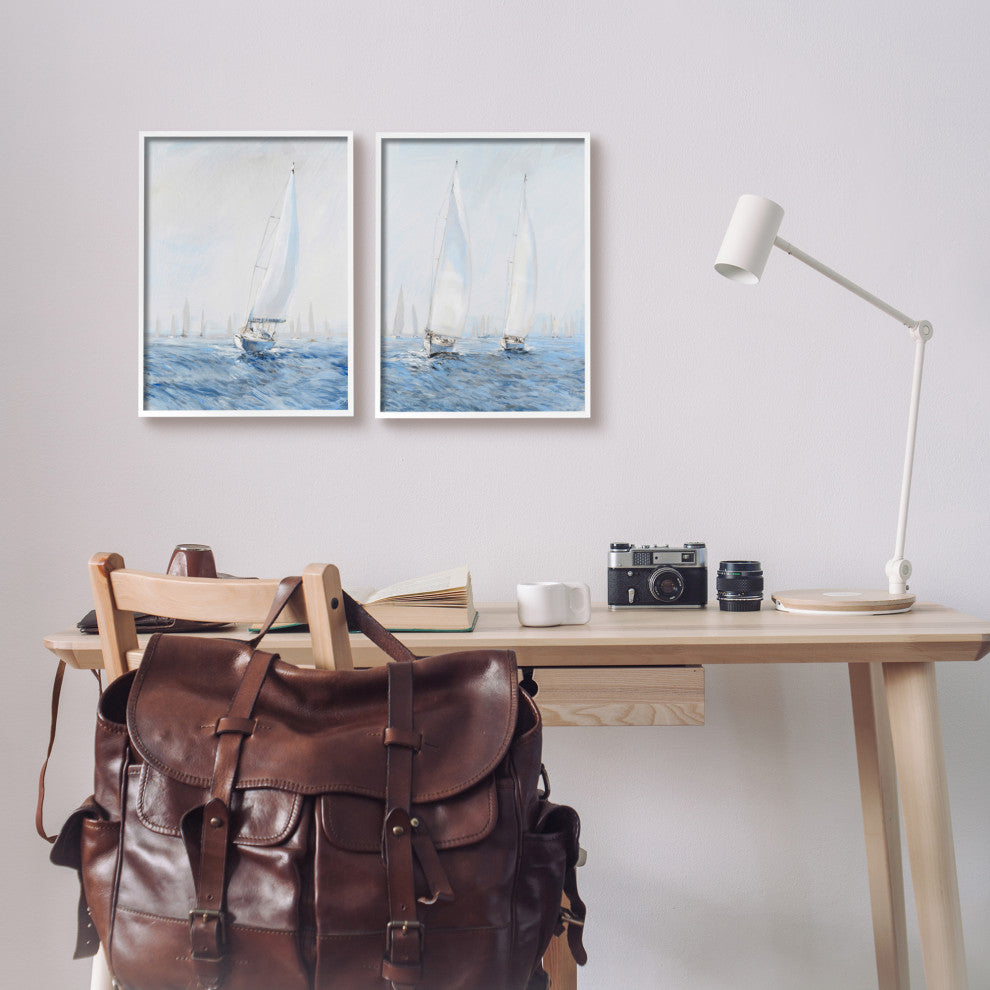 Serene Sailboats Floating Cloudy Sea Sky Painting, 2pc, each 11 x 14