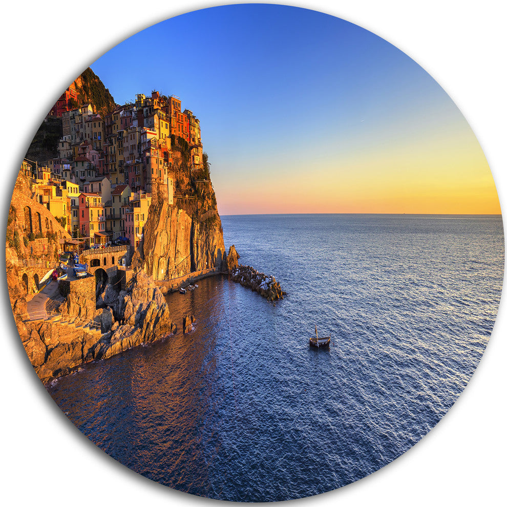Manarola Village Beach Panorama, Landscape Disc Metal Wall Art, 36"