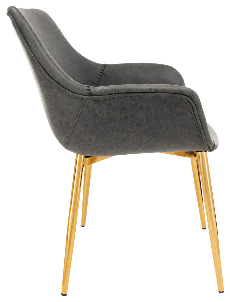LeisureMod Markley Modern Leather Dining Armchair With Gold Legs, Charcoal Black