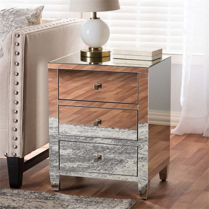 Rosalind HollyWood Regency Glamour Style Mirrored 3-Drawer Nightstand, Set of 2