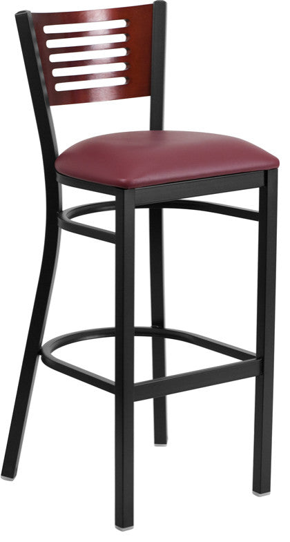 Black Slat Back Metal Barstool, Mahogany Wood Back, Burgundy Vinyl Seat