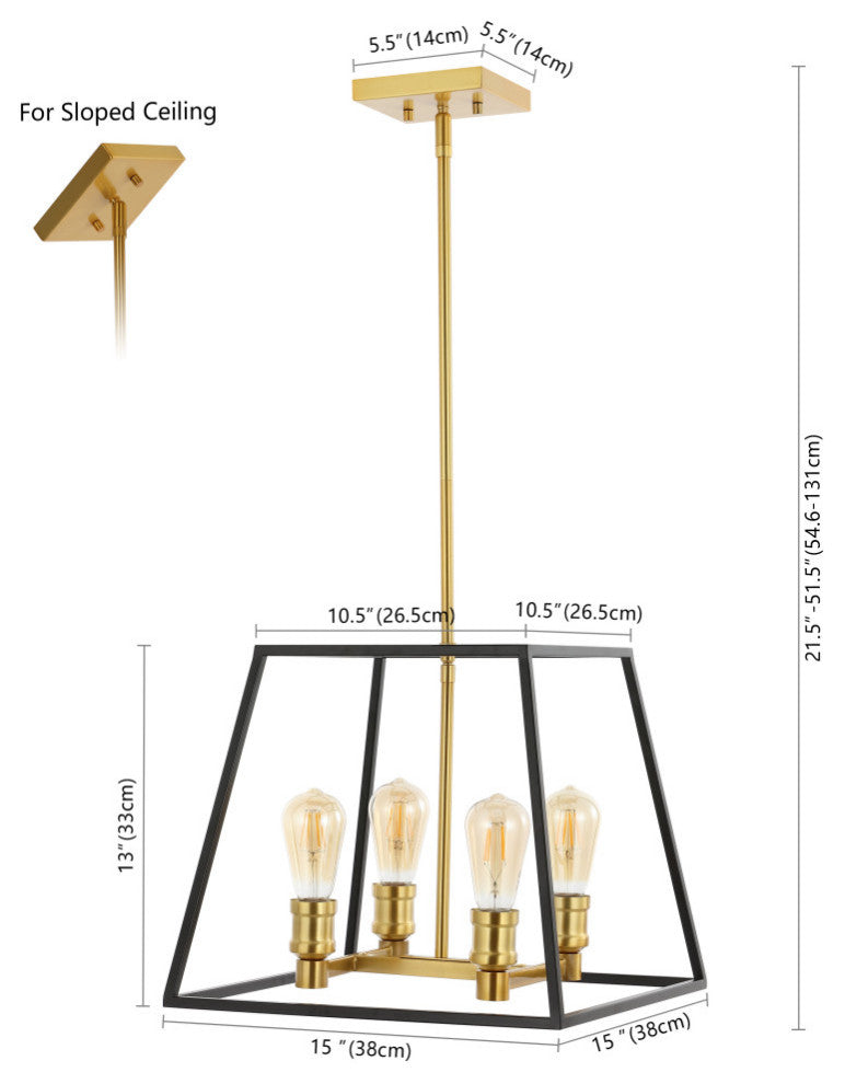 Lloyd 4-Light Industrial Iron LED Pendant, Black/Brass Gold, Width: 15"