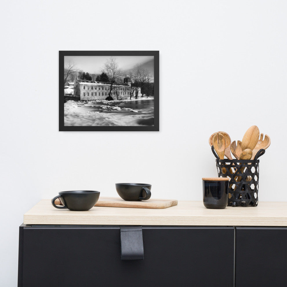 Winter at Powder Mill Rural Landscape Framed Photo Paper Wall Art Prints, Black, 11" X 14"