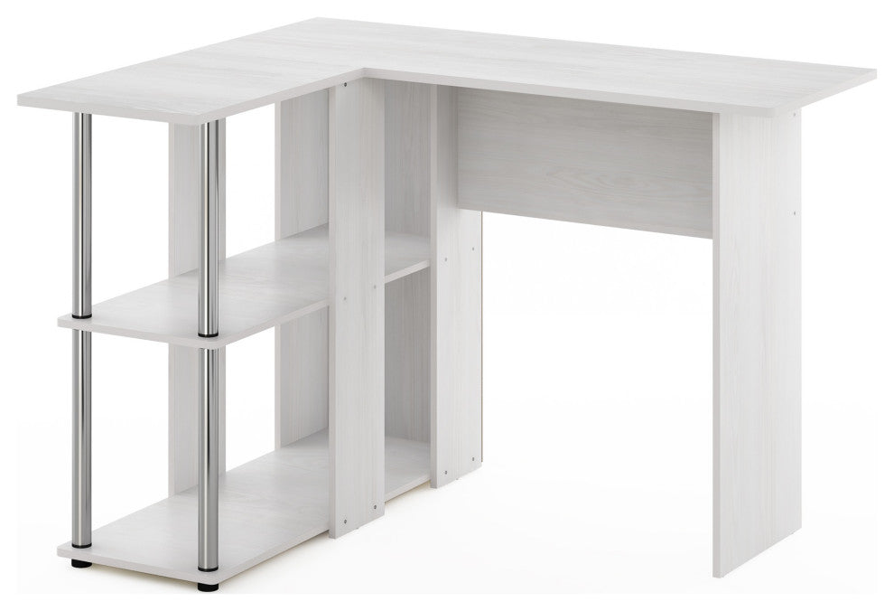 Furinno Abbott L-Shape Desk With Bookshelf White Oak Stainless Steel Tubes