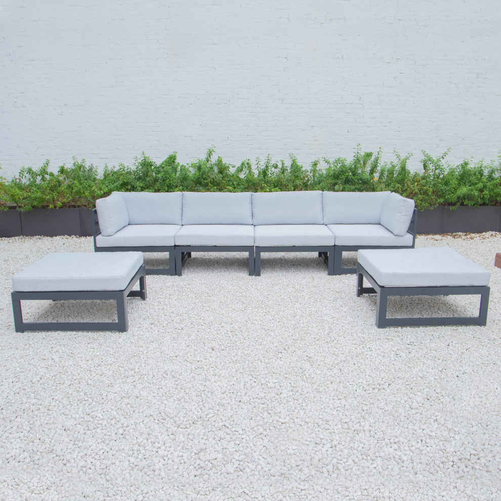 LeisureMod Chelsea 6-Piece Patio Ottoman Sectional Black Aluminum, Light Gray