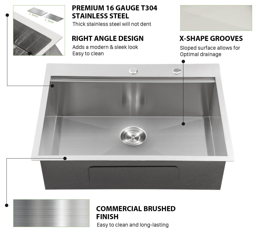 Workstation Drop-In 16 Gauge Stainless Steel Single Bowl Kitchen Sink, 30x22x10 in