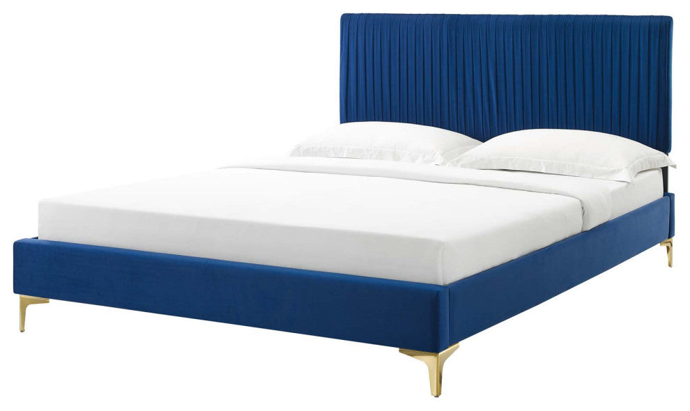 Platform Bed Frame, King Size, Velvet, Blue Navy, Modern Contemporary, Bedroom