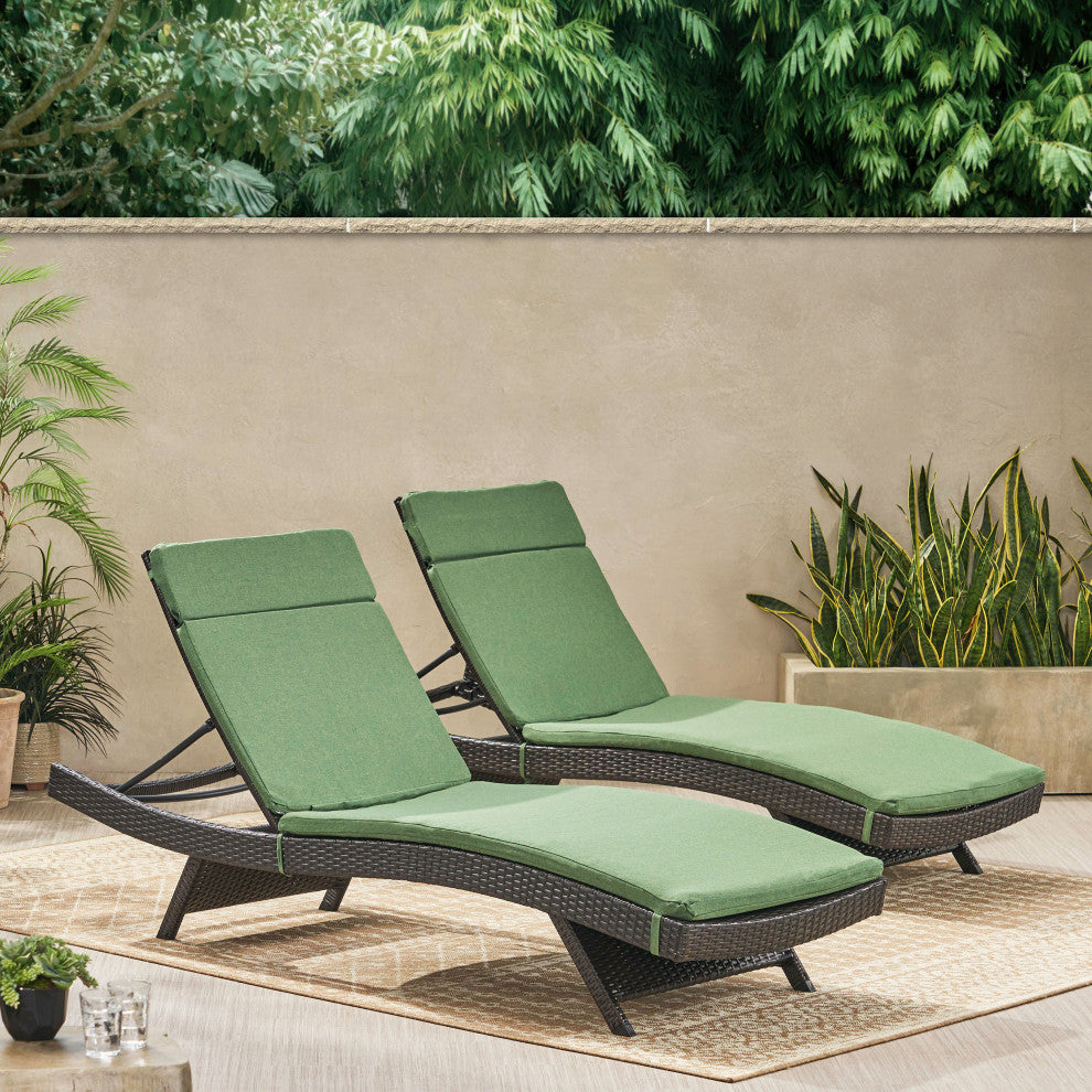 GDF Studio Aloha Wicker Chaise Lounge with Cushions Jungle Green, Set of 2