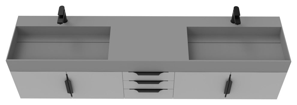 CastelloUSA Amazon 84" Wall Mounted Bathroom Vanity Set, Gray, Gray Top, Black Handles