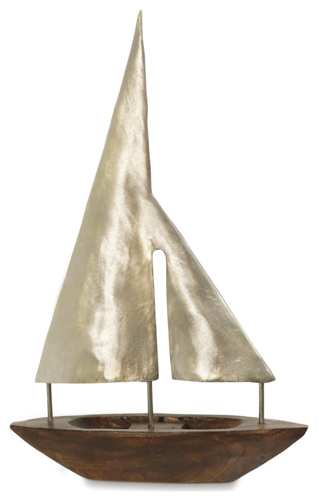 Large Pewter Sails, Natural Stained Wood Base Boat Sculpture, Pewter Metal Sails