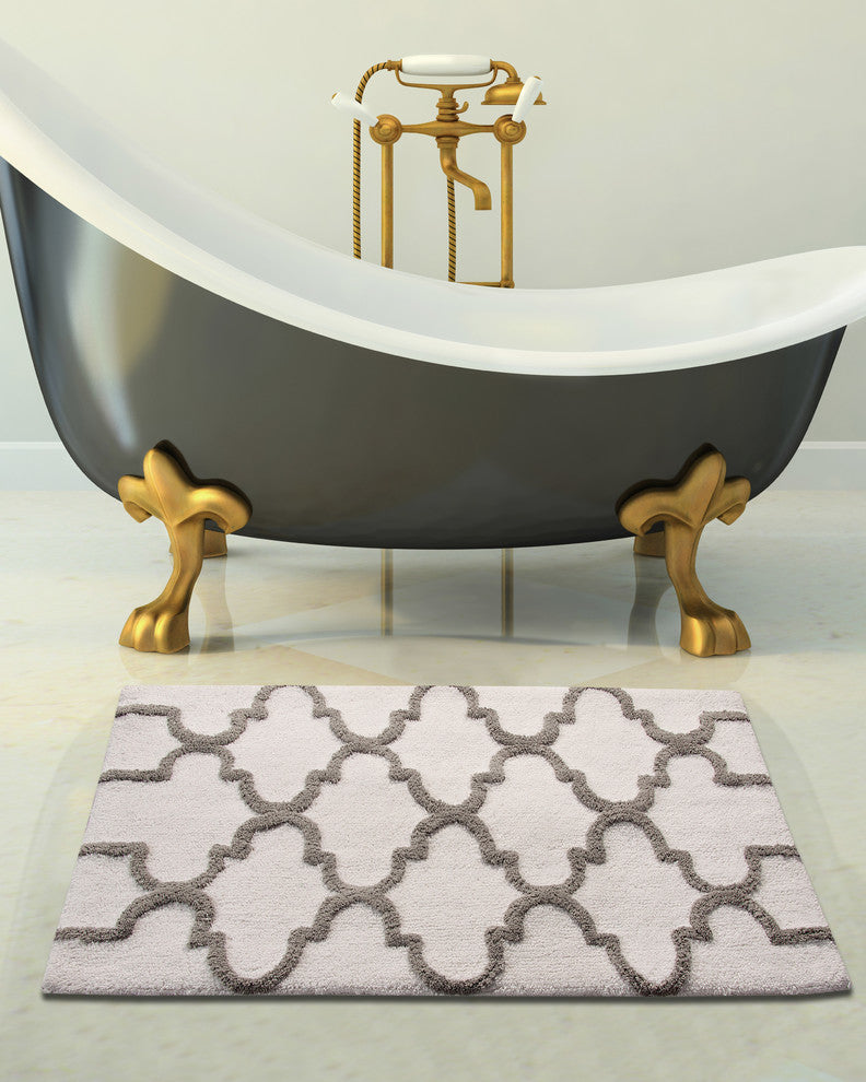 GSF 180 Geomatrics Cotton Bath Rug, 2-Piece Set, White, 24"x17"/34"x21"
